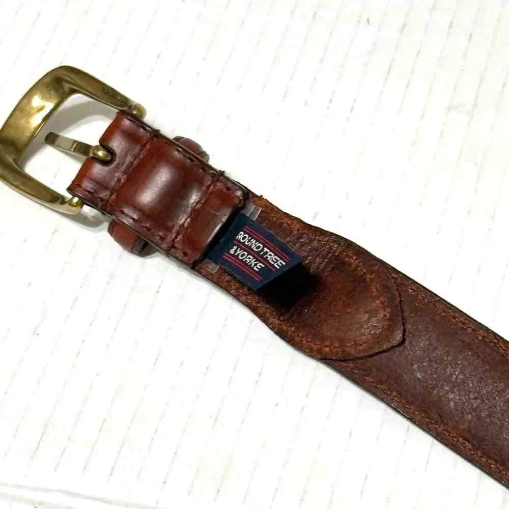 Roundtree & Yorke Dress Belt Brown Oiled Full Grain Leather X Lacing Brass 34